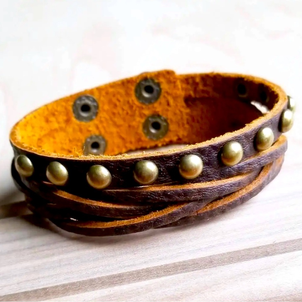 Multi Strand Leather Cuff W/ Antique Studs